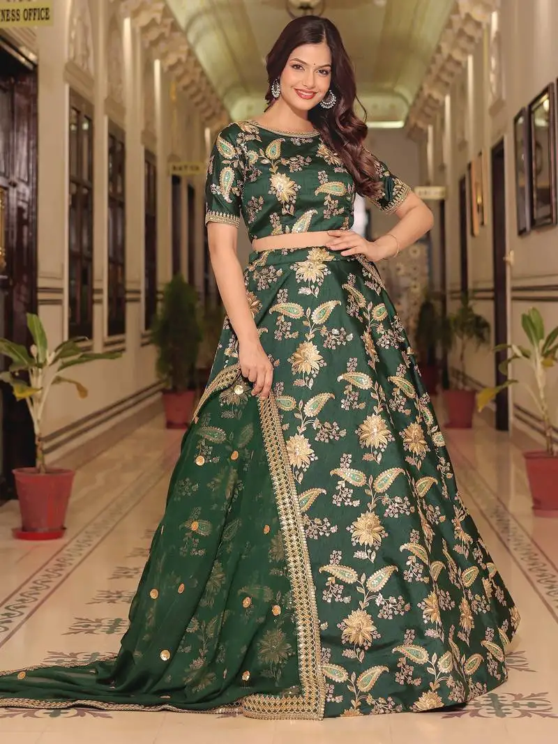 Bottle green zari work art silk wedding wear lehenga choli
