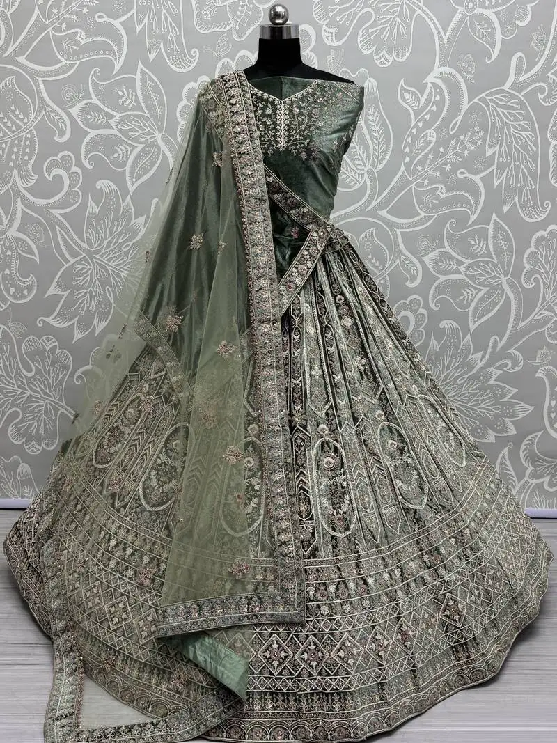 Green sequins velvet bridal lehenga choli with double dupatta