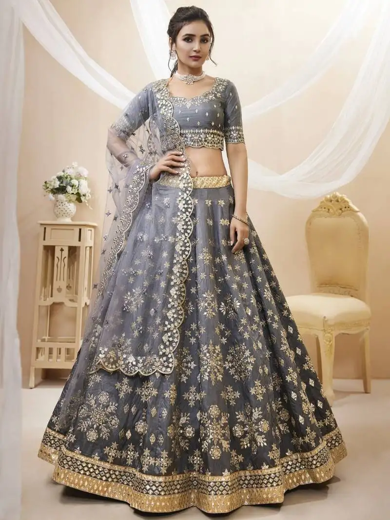 Grey embroidered art silk engagement wear lehenga choli