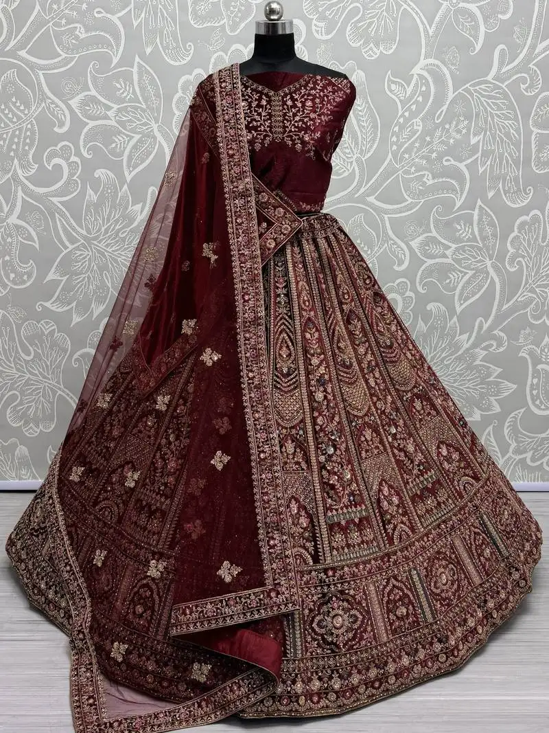 Maroon thread work velvet lehenga choli with double dupatta