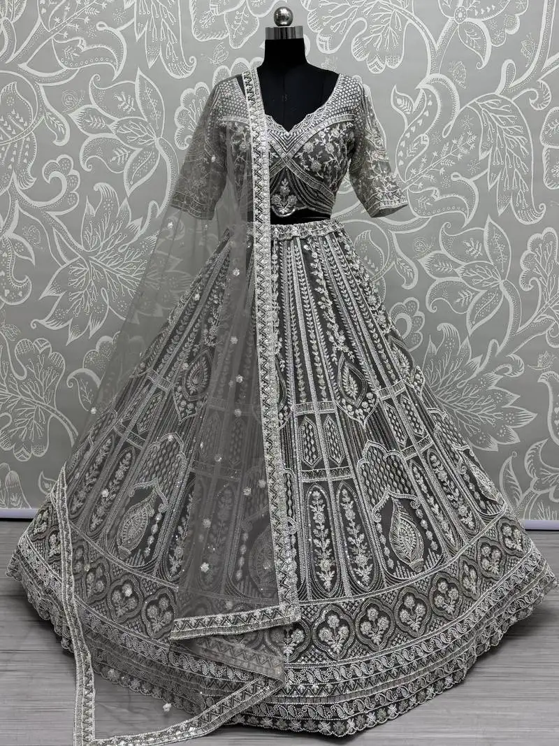 Grey sequins net reception wear lehenga choli with dupatta