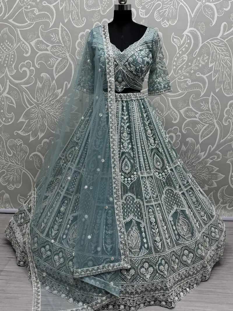 Sky-blue pearl work net bridesmaid lehenga choli with dupatta