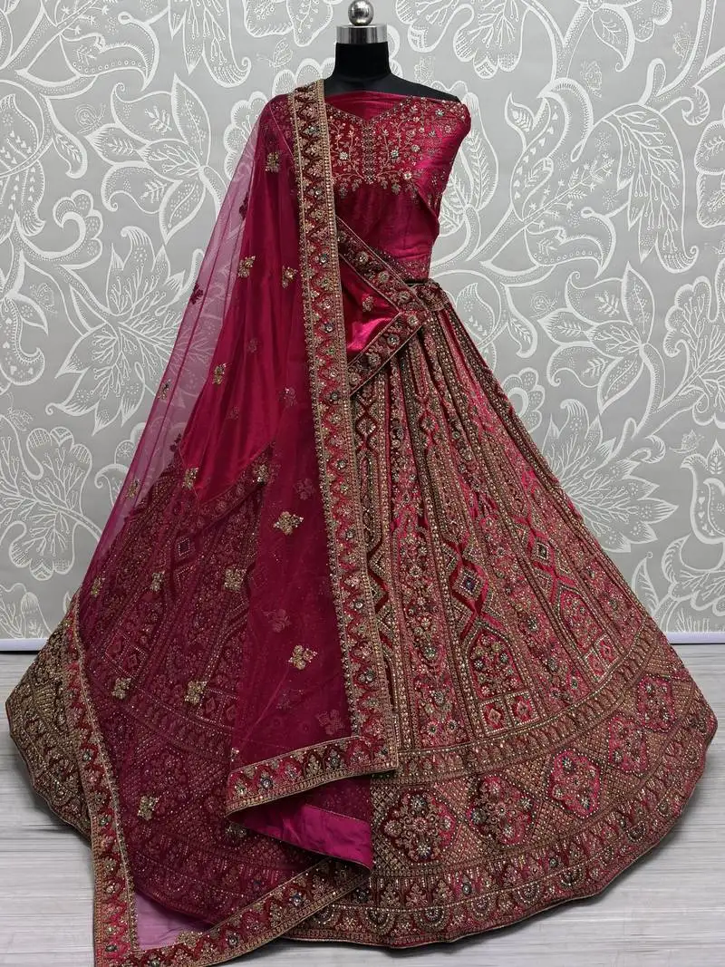 Dark pink dori work bridal lehenga choli with double dupatta