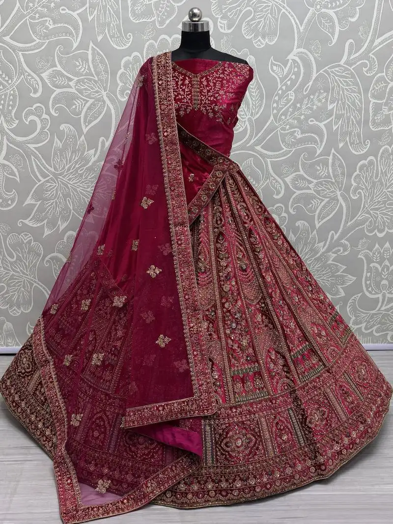 Hot pink sequins velvet bridal lehenga choli with double dupatta