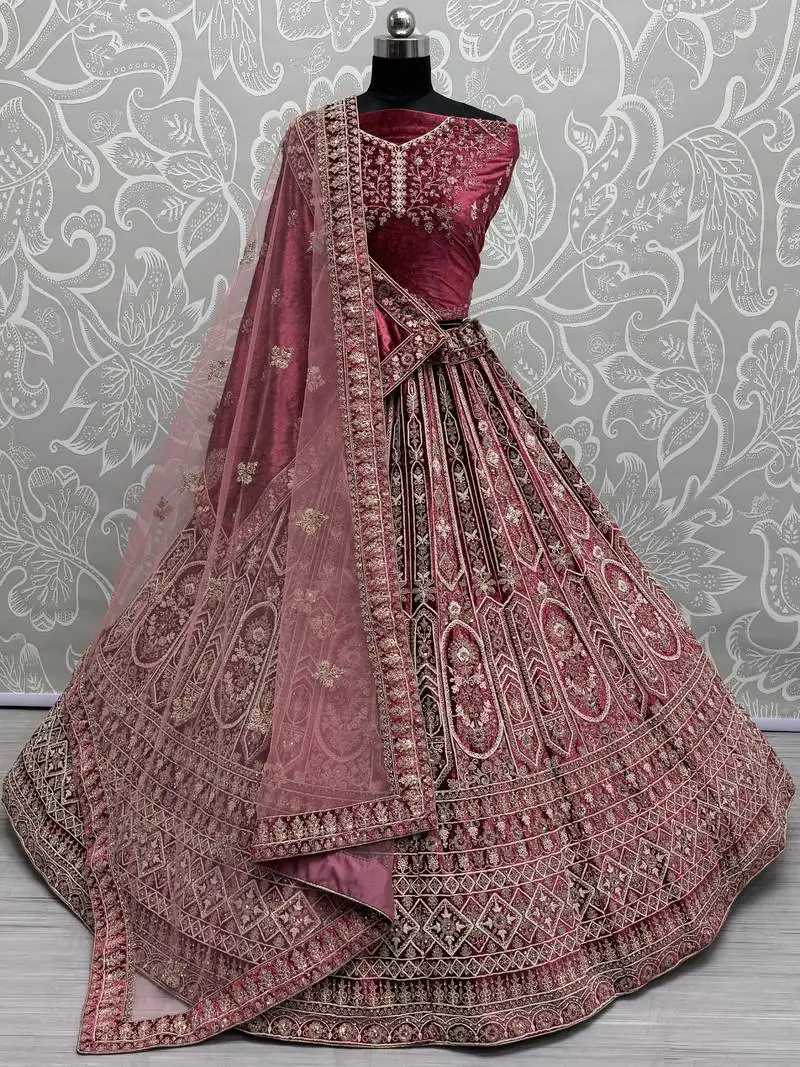 Red dori work velvet bridal lehenga choli with double dupatta