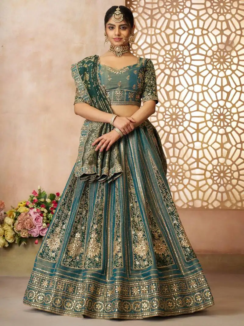 Green sequins tissue silk wedding wear lehenga choli