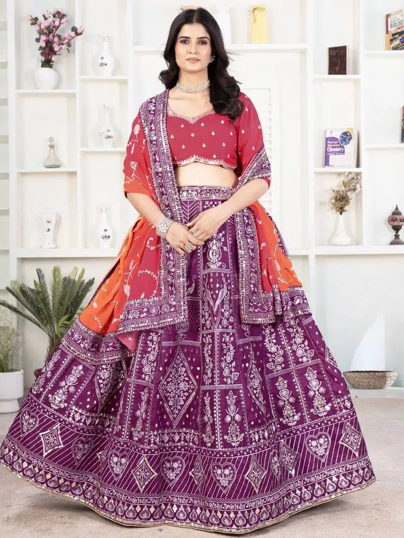 Purple sequins silk traditional lehenga with red choli