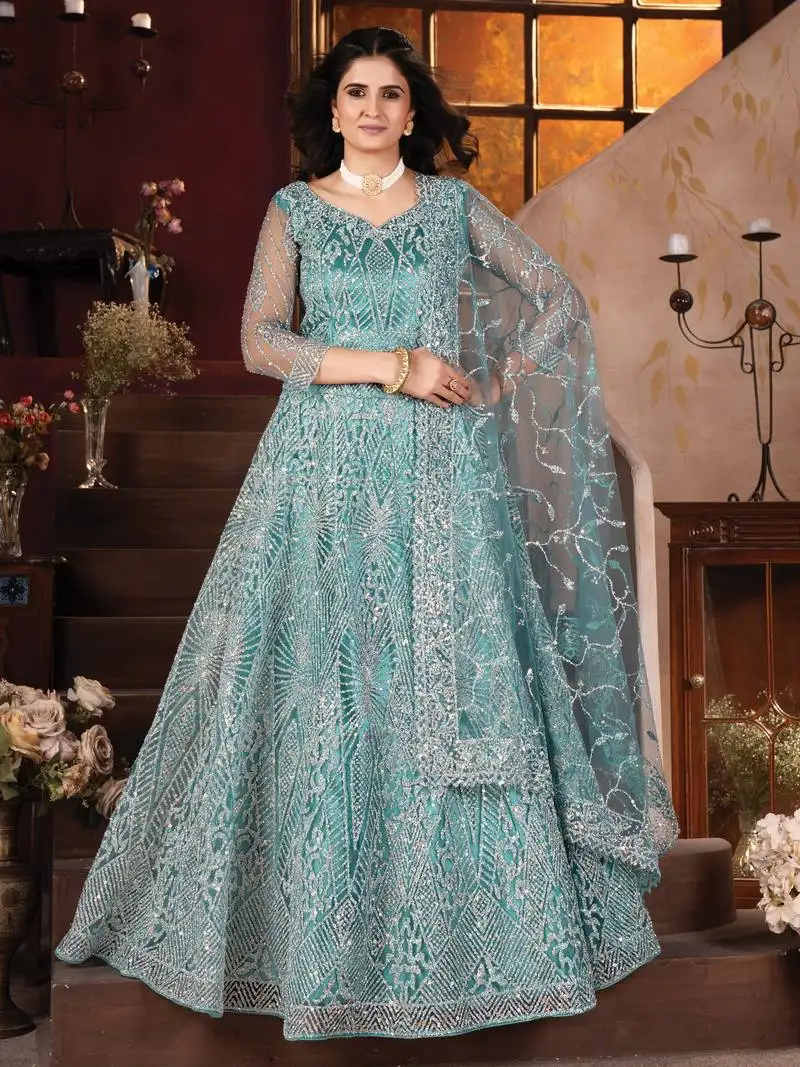 Sky-blue zarkan work net cocktail lehenga choli with dupatta