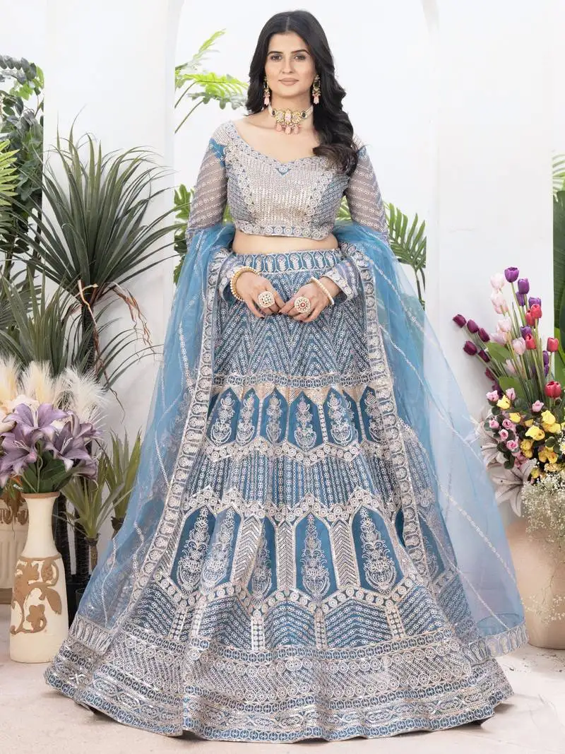Blue sequins net engagement wear lehenga choli with dupatta