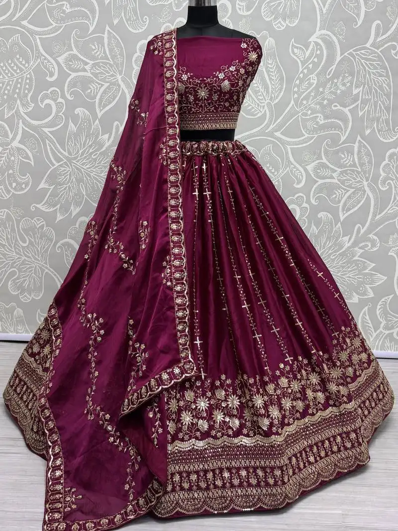 Burgundy zari work satin bridal lehenga choli with dupatta