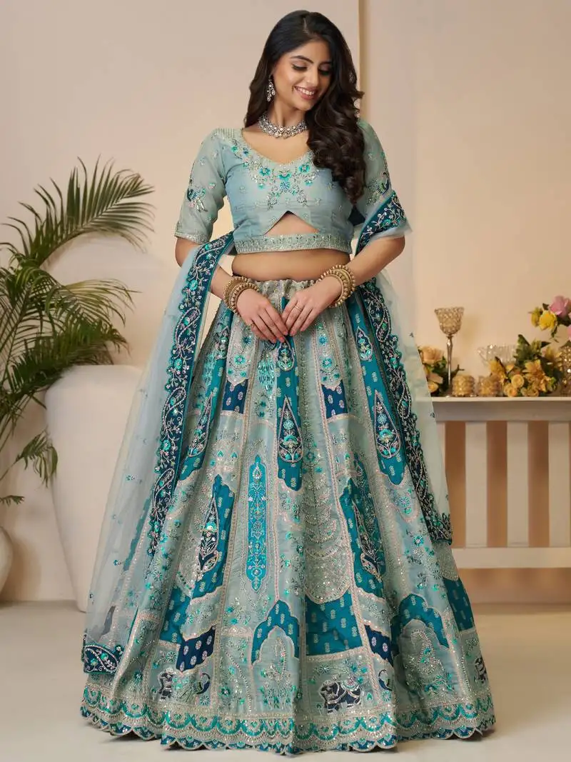 Sky-blue thread embroidery banarasi silk wedding lehenga choli