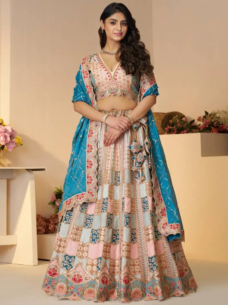 Sky-blue thread work dola silk bridesmaid lehenga choli with dupatta