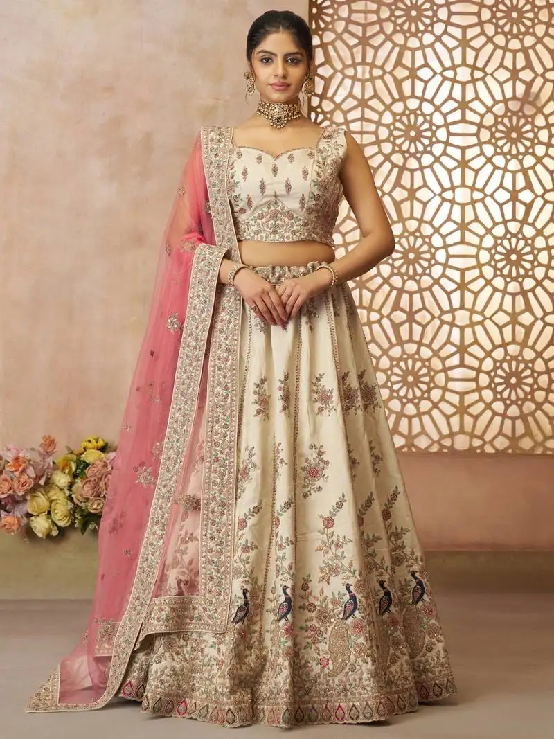 Off-white floral embroidered silk engagement wear lehenga choli