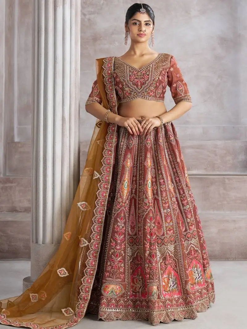 Brown aari work banarasi silk wedding wear lehenga choli