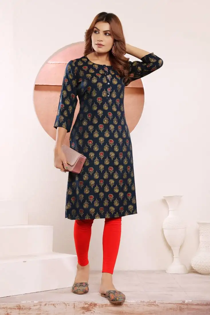 Blue viscose muslin designer printed formal readymade kurti