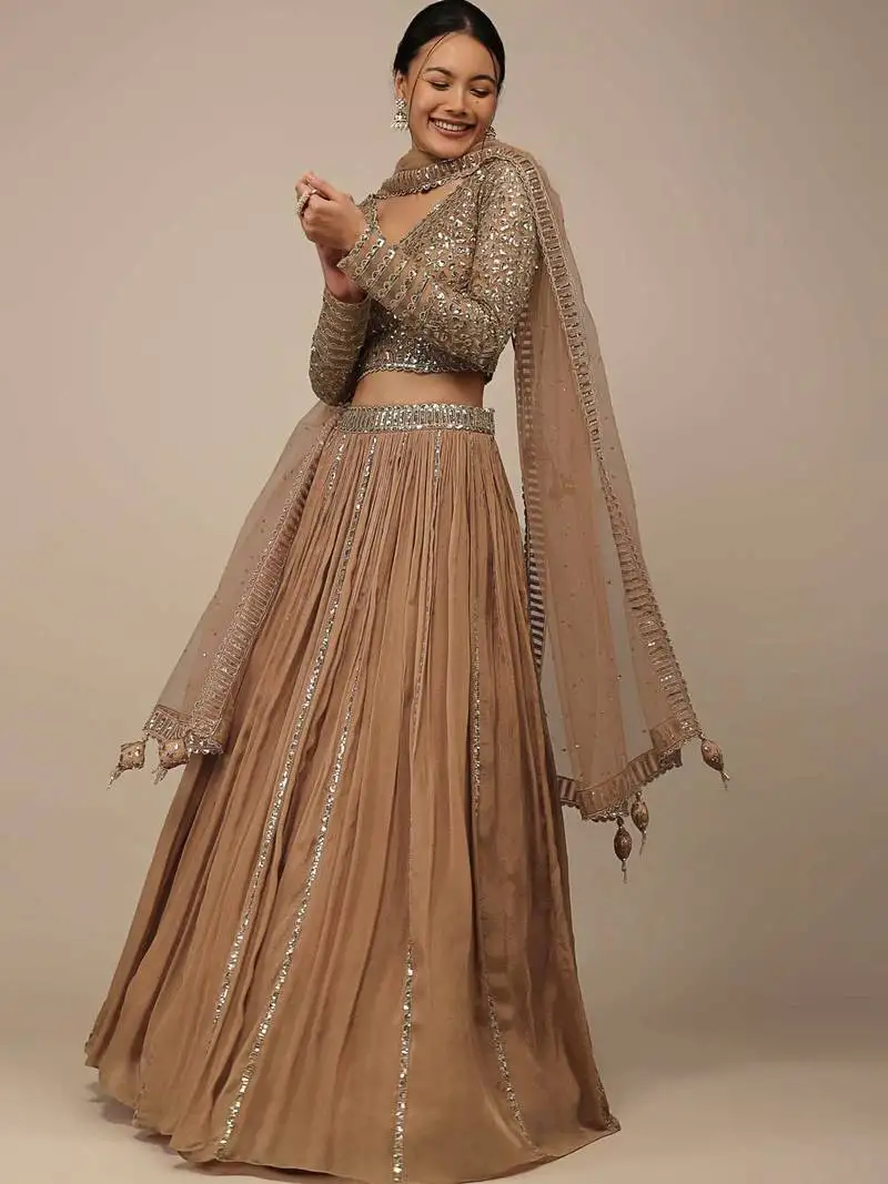 Beige sequins georgette party wear lehenga choli