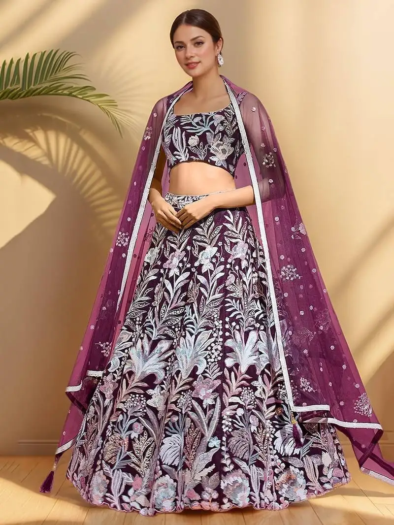 Wine sequins net engagement wear lehenga choli