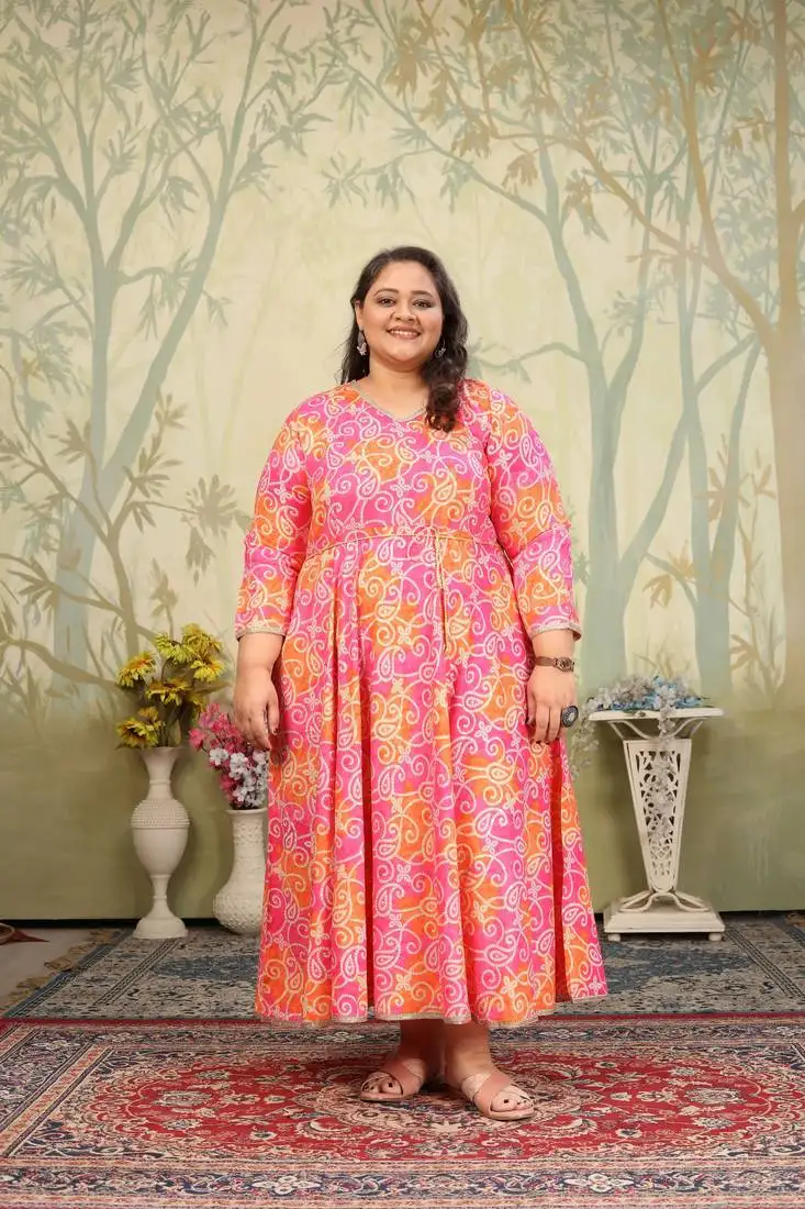 Pink rayon fabric designer printed plus size kurti for girls