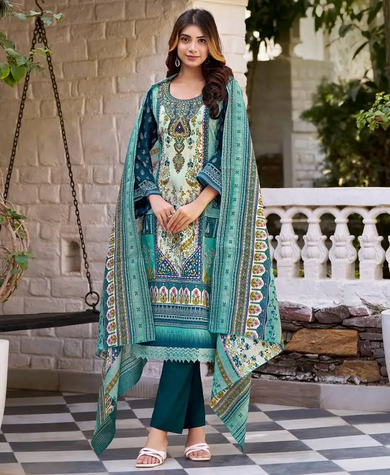 Sea green cotton blend floral & leaf print pakistani style kurta with pant & printed dupatta stitched