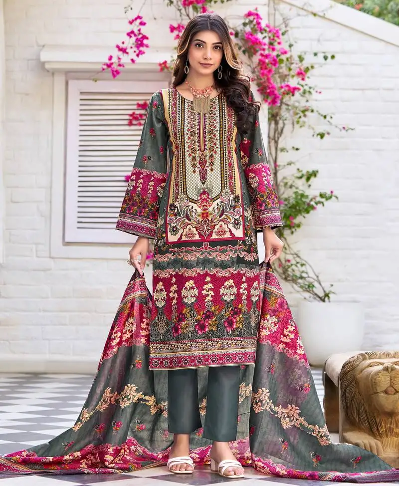 Grey cotton blend floral & leaf print pakistani style kurta with pant & printed dupatta stitched