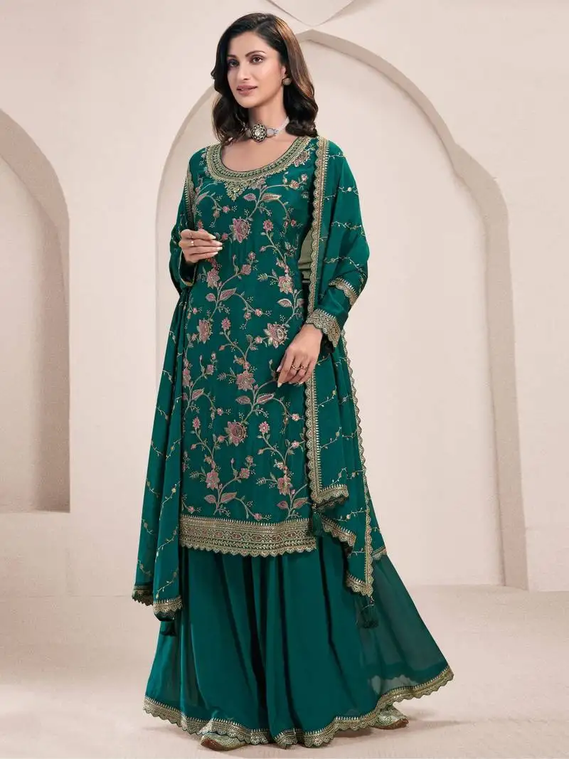 Green embroidered chinon semi-palazzo style salwar suit semi stitched