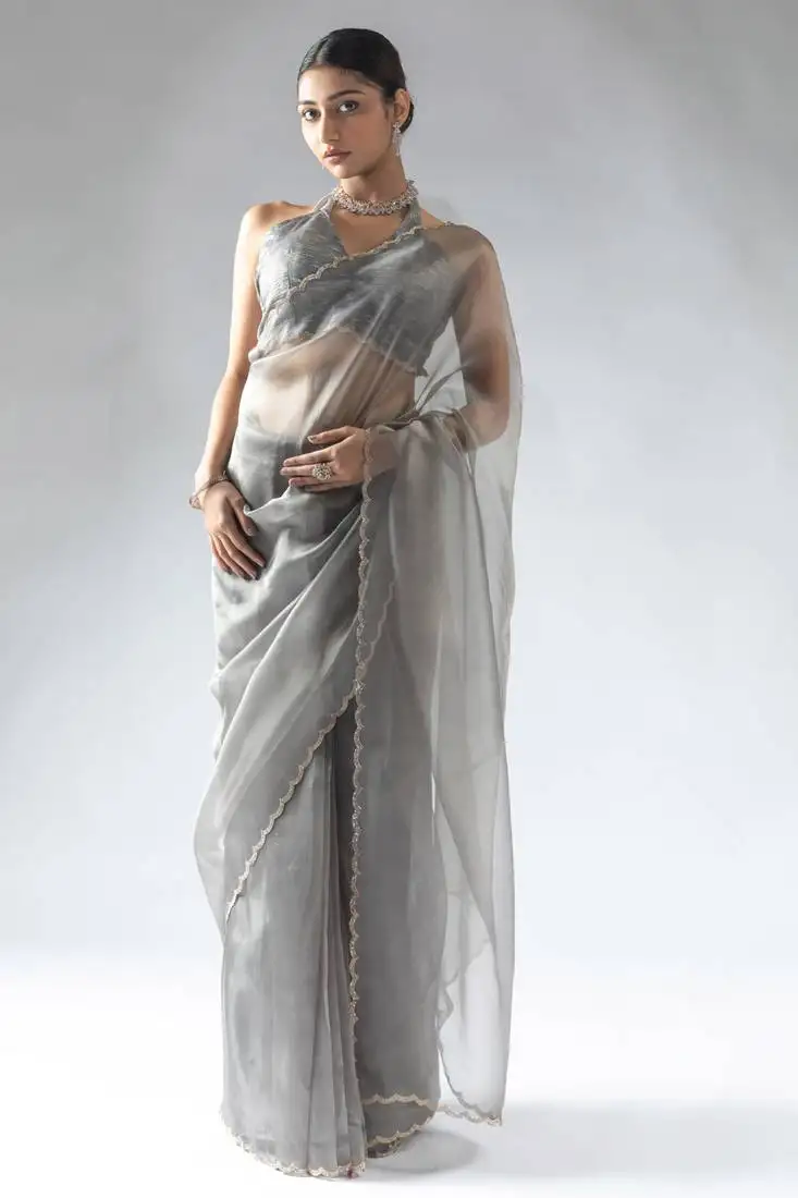 Ready to wear grey organza silk saree with unstitch blouse