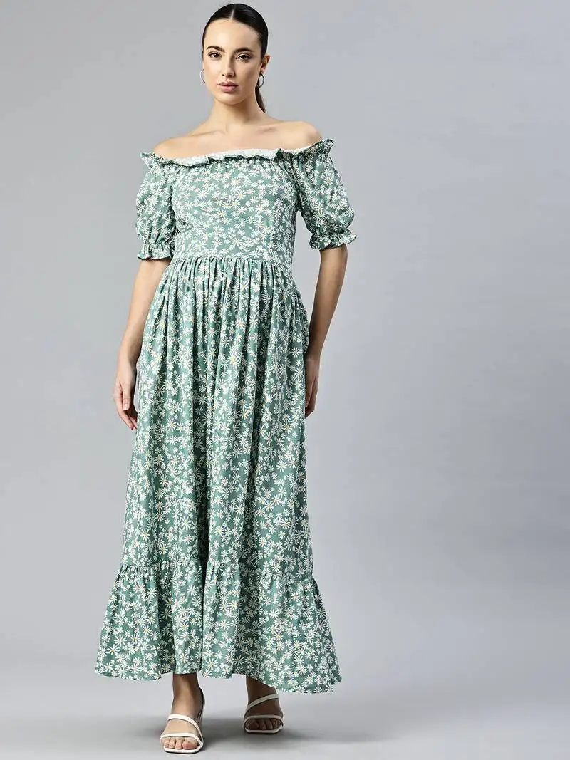 Green white floral fit and flare off shoulder dress
