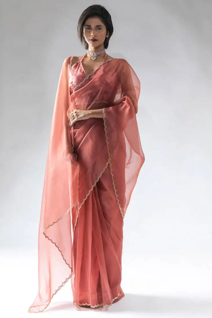 Ready to wear peach organza silk saree with unstitch blouse
