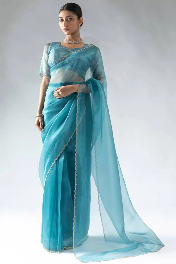 Ready to wear sky blue organza silk saree with unstitch blouse