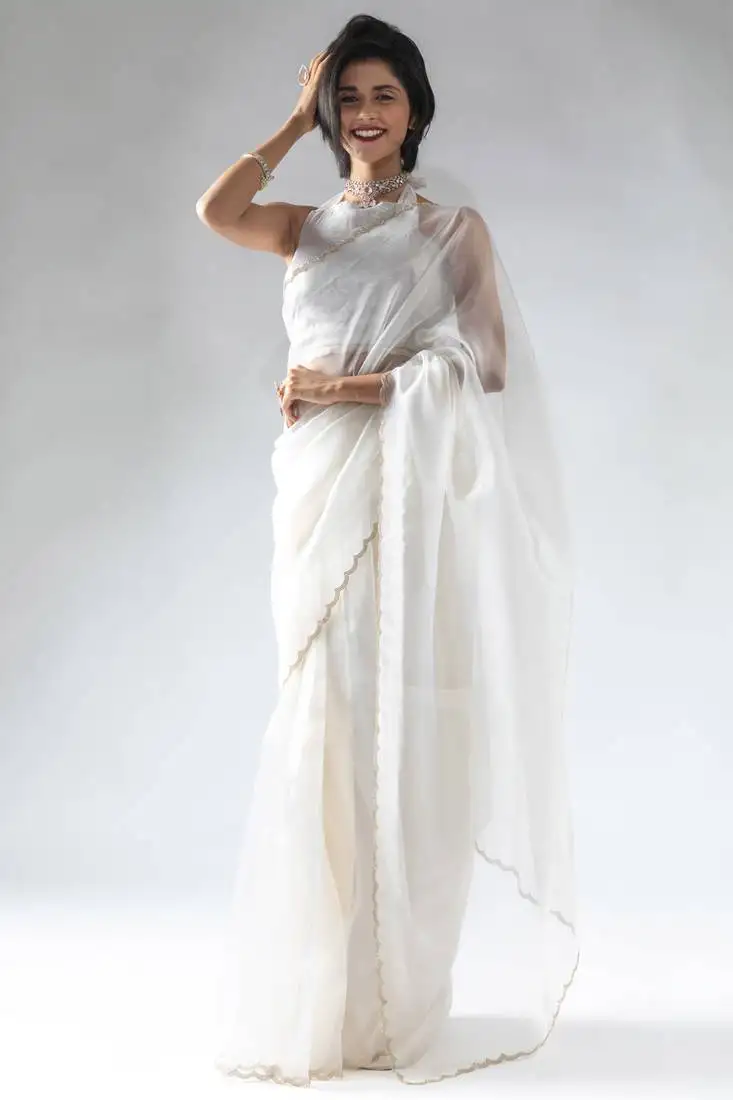Ready to wear white organza silk saree with unstitch blouse