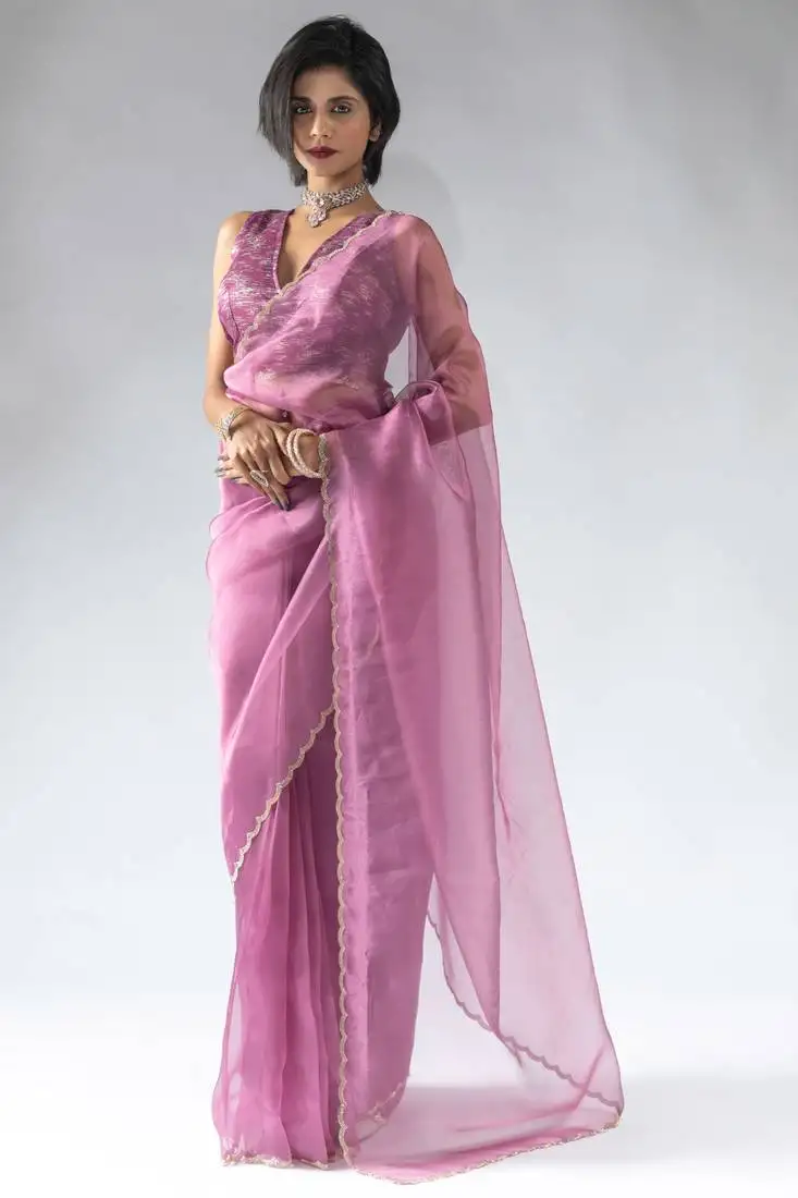 Ready to wear pink organza silk saree with unstitch blouse