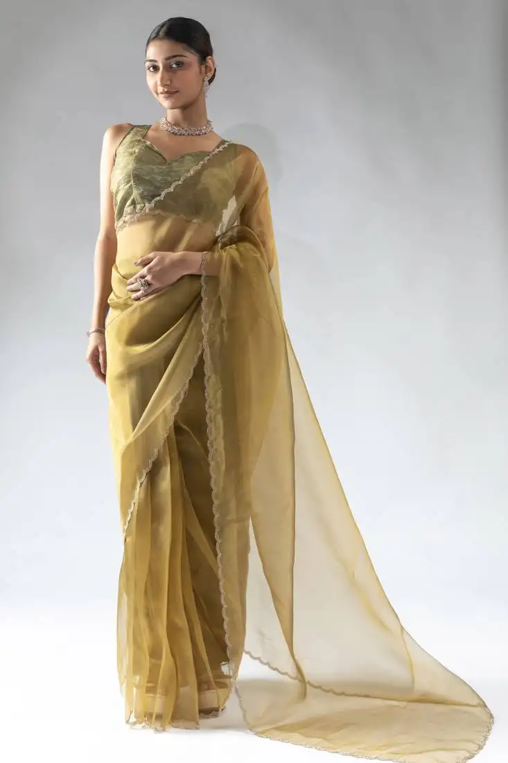 Ready to wear olive green organza silk saree with unstitch blouse