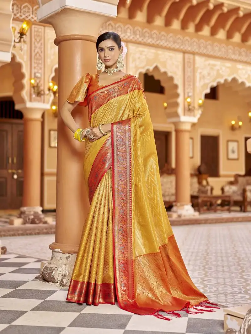 Golden yellow munga zari silk blend kanjivaram with zig zag pattern saree