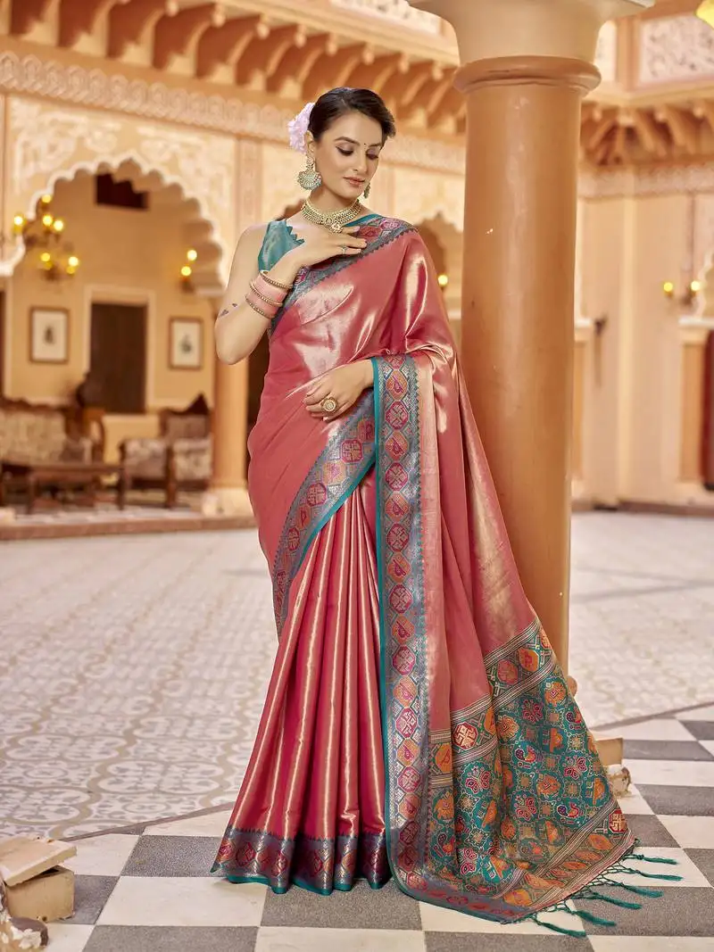 Pink zari tissue solid banarasi silk blend woven jacquard work designer saree