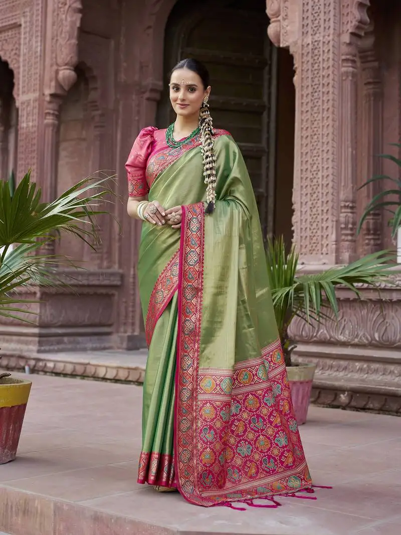 Green zari tissue solid banarasi silk blend woven jacquard work designer saree