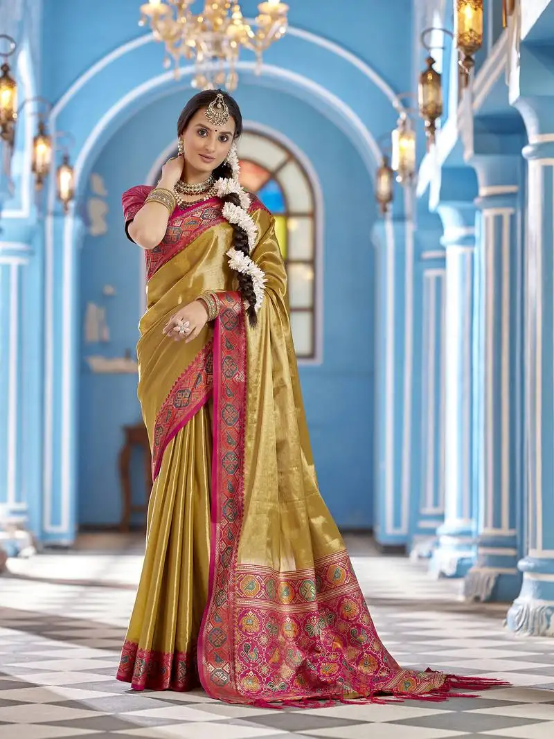 Mustard yellow zari tissue solid banarasi silk blend woven jacquard work designer saree