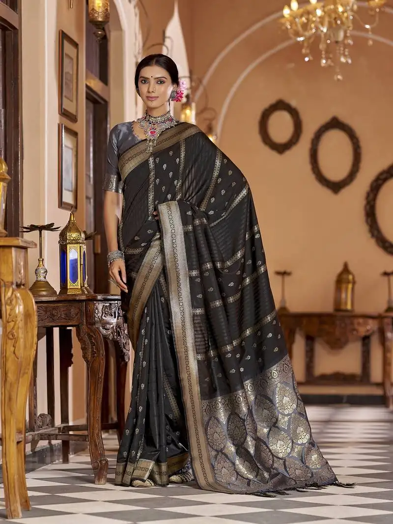 Black soft silk blend butti banarasi silk blend zari jacquard work designer saree