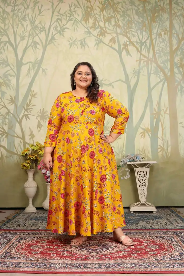 Yellow rayon fabric designer printed plus size kurti for girls