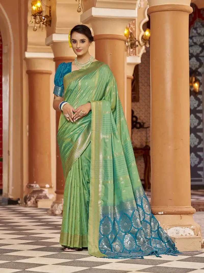 Green soft silk blend butti banarasi silk blend zari jacquard work designer saree