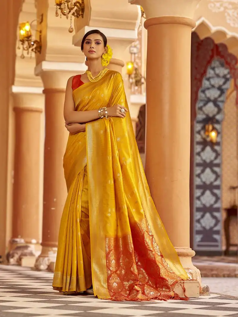 Yellow soft silk blend butti banarasi silk blend zari jacquard work designer saree