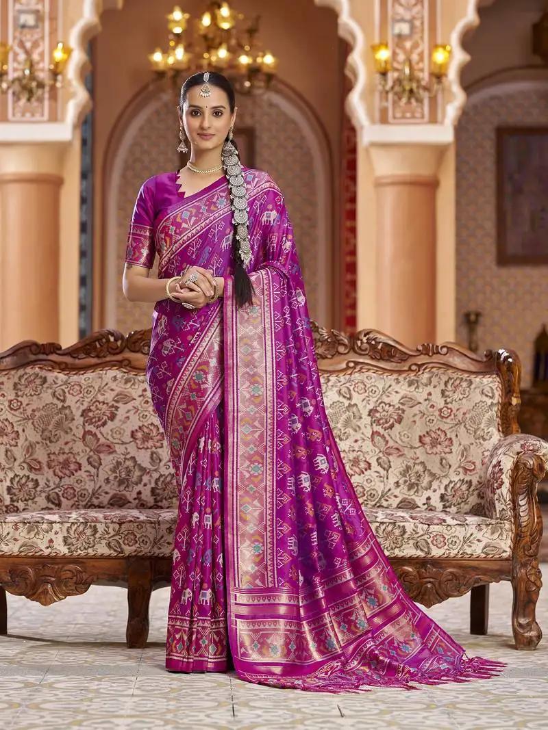 Rani pink soft silk blend patola zari jacquard work designer saree