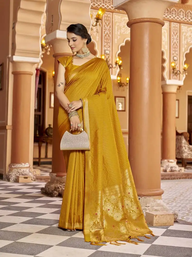 Mustard soft silk blend kanjivaram zari jacquard work designer saree