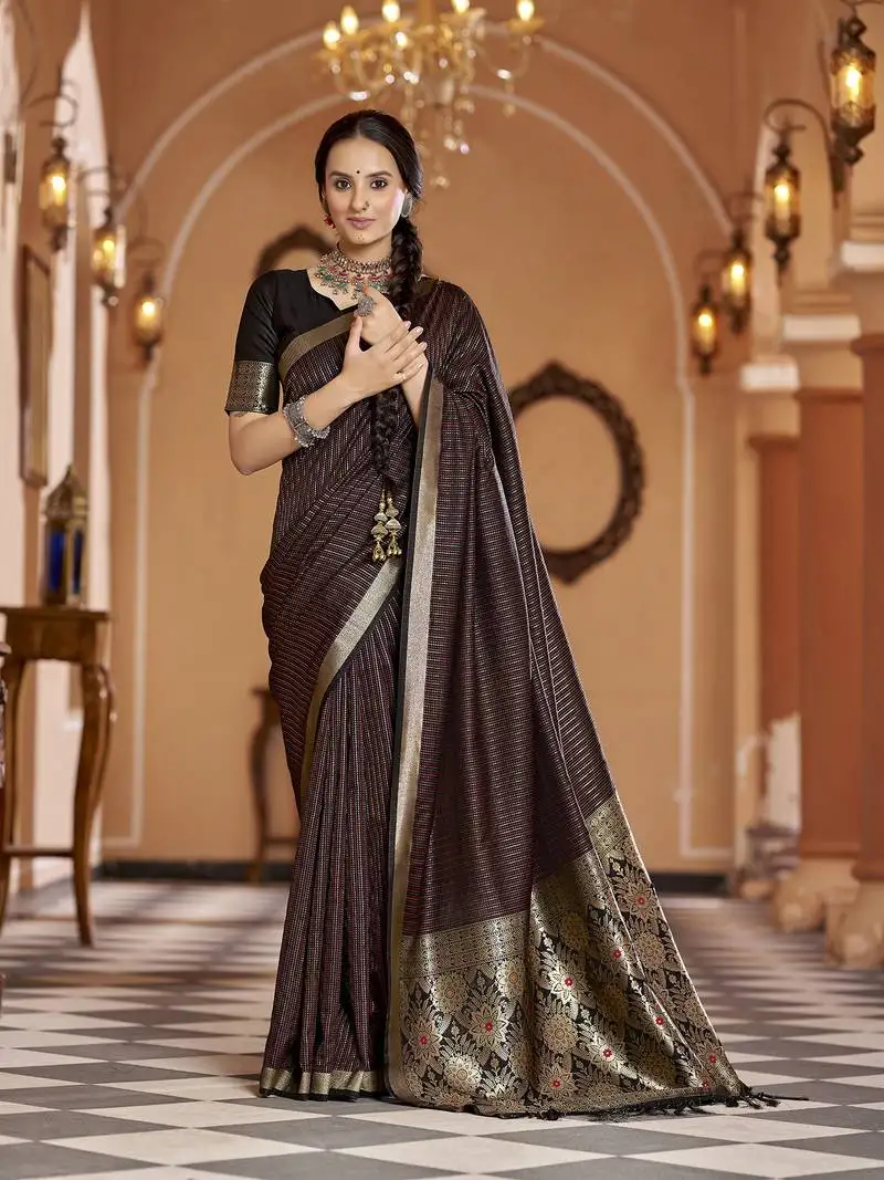 Black soft silk blend kanjivaram zari jacquard work designer saree