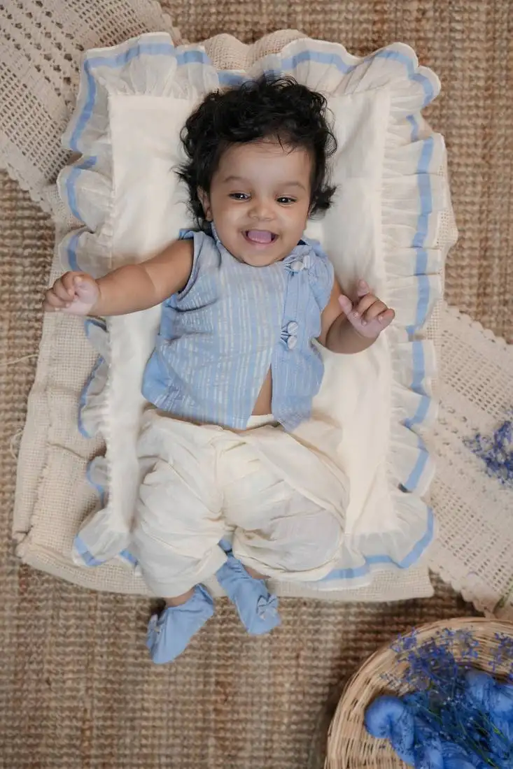 Blue sleeveless blue infant handloom kurta, dhoti pants and shoes for kids