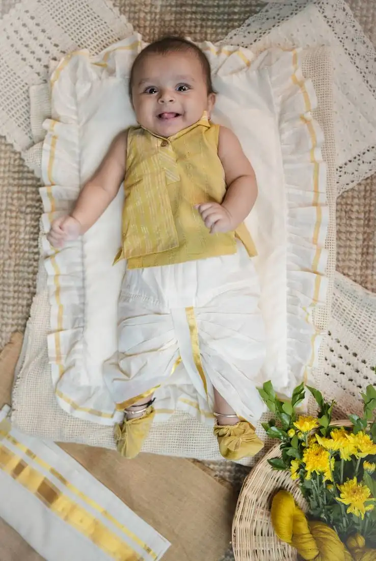 Yellow sleeveless yellow infant handloom kurta with dhoti pants and matching shoes for kids