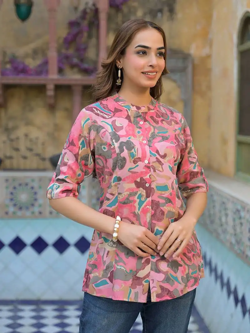 Divena pink printed rayon a-line top