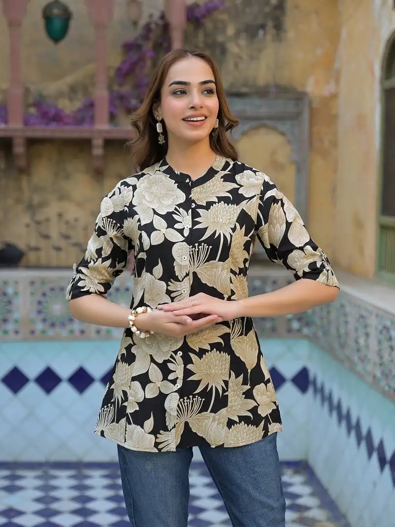 Divena black printed rayon a-line top