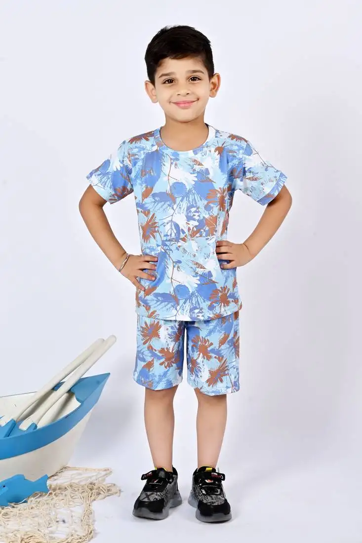 Blue cotton knitted tropical printed half sleeves t-shirt & shorts set for boys