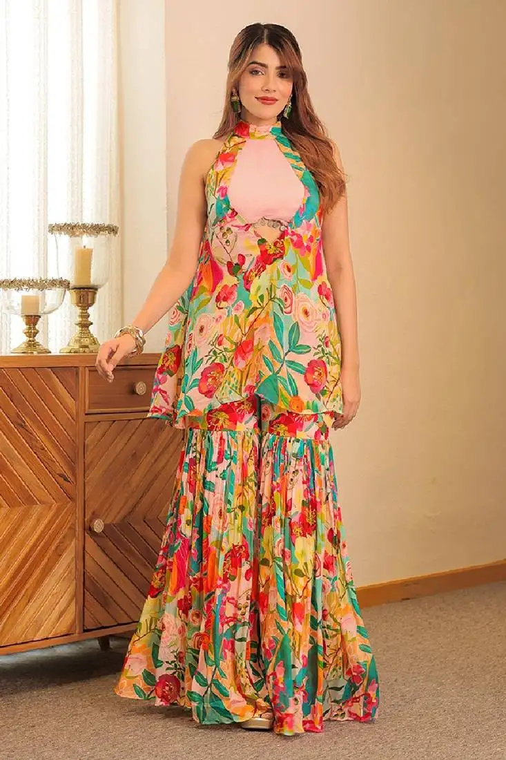 Green multicolor silk blend printed ruhani garara set