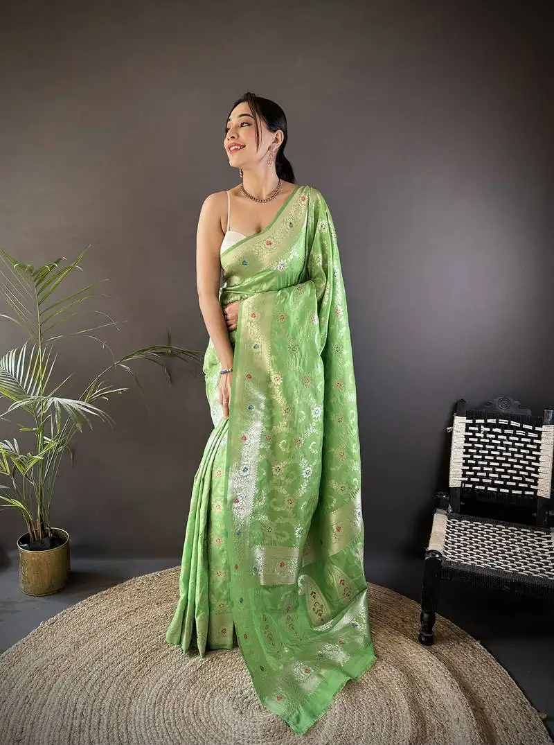 Pista green soft silk blend meenakari zari weaving banarasi saree